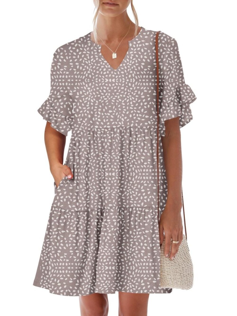 Women's Summer Casual Dress, V-Neck Ruffle Sleeve Tiered Mini Dress, Soft Comfy